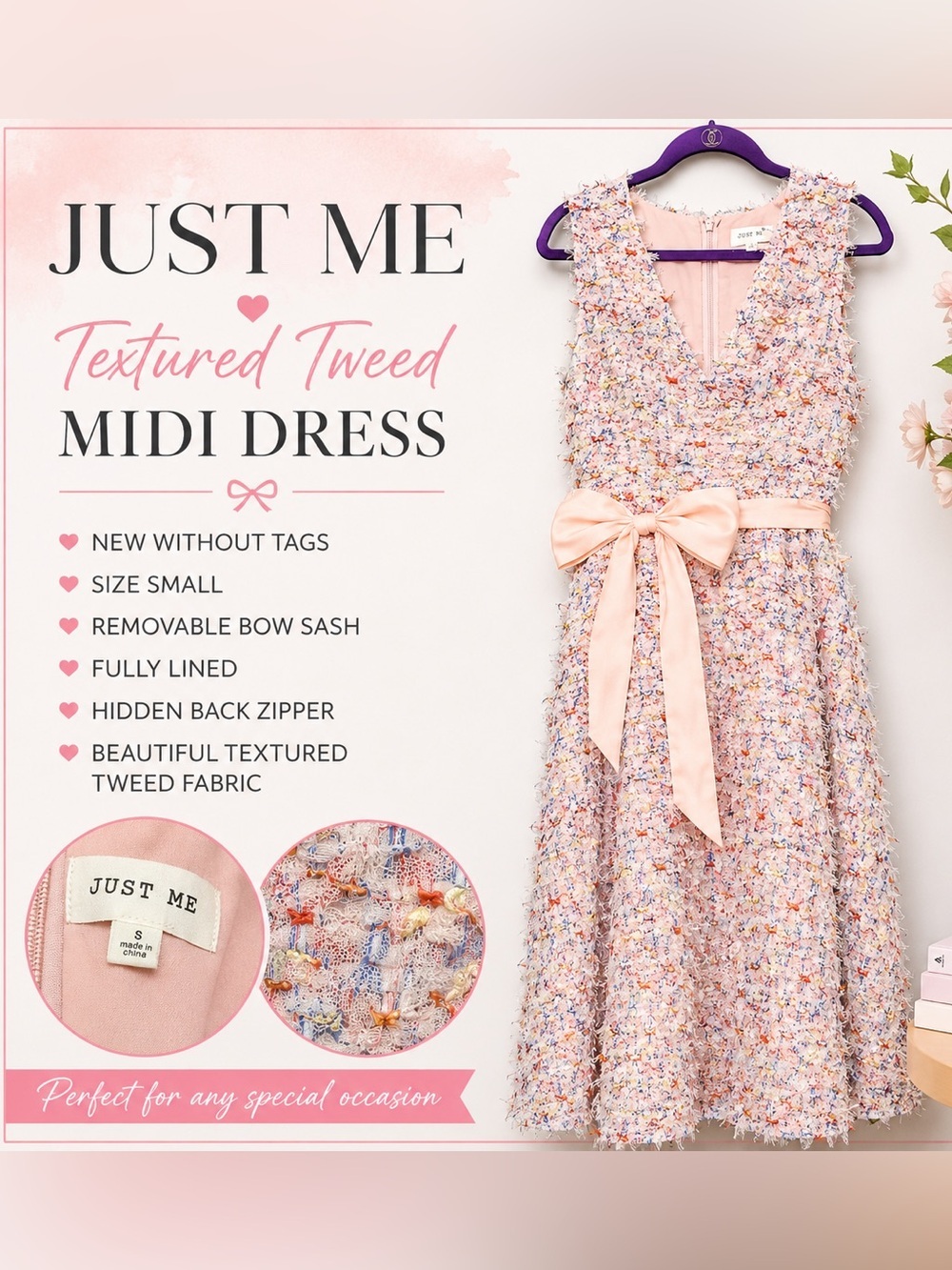 Just Me NWOT Textured Tweed Midi Dress Pink Bow Waist V-Neck Size S